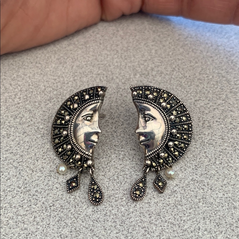 Silver Moon Face Earrings with Pearl Accents